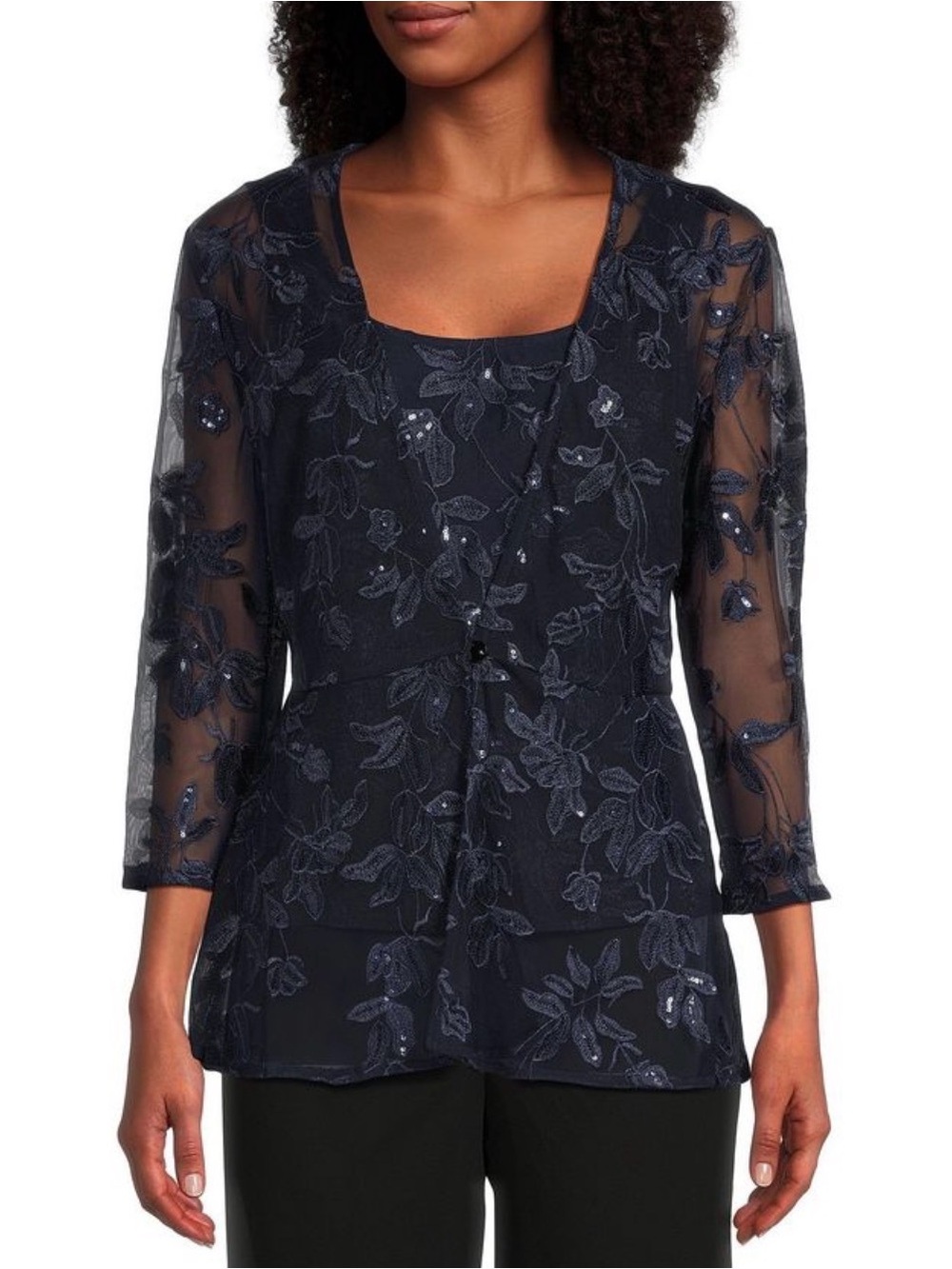 Alex Evenings Embroidered Sequin Peplum Twinset Top – Black – Size Large – NWT